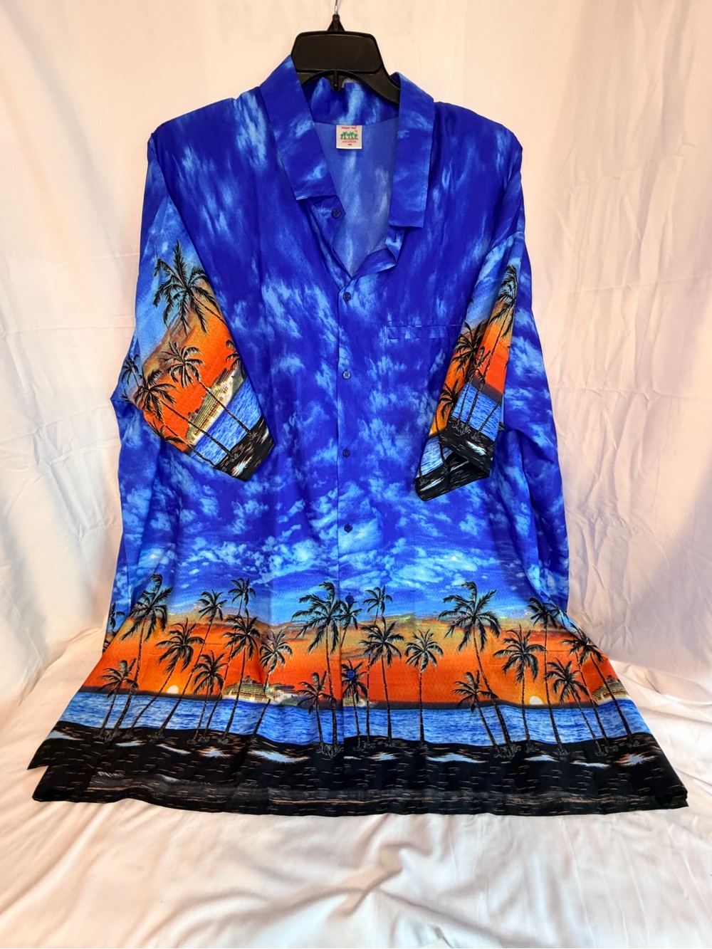 Happy Bay Royal Blue Tropical Sunset Palm Print Button-Up Shirt-4XL